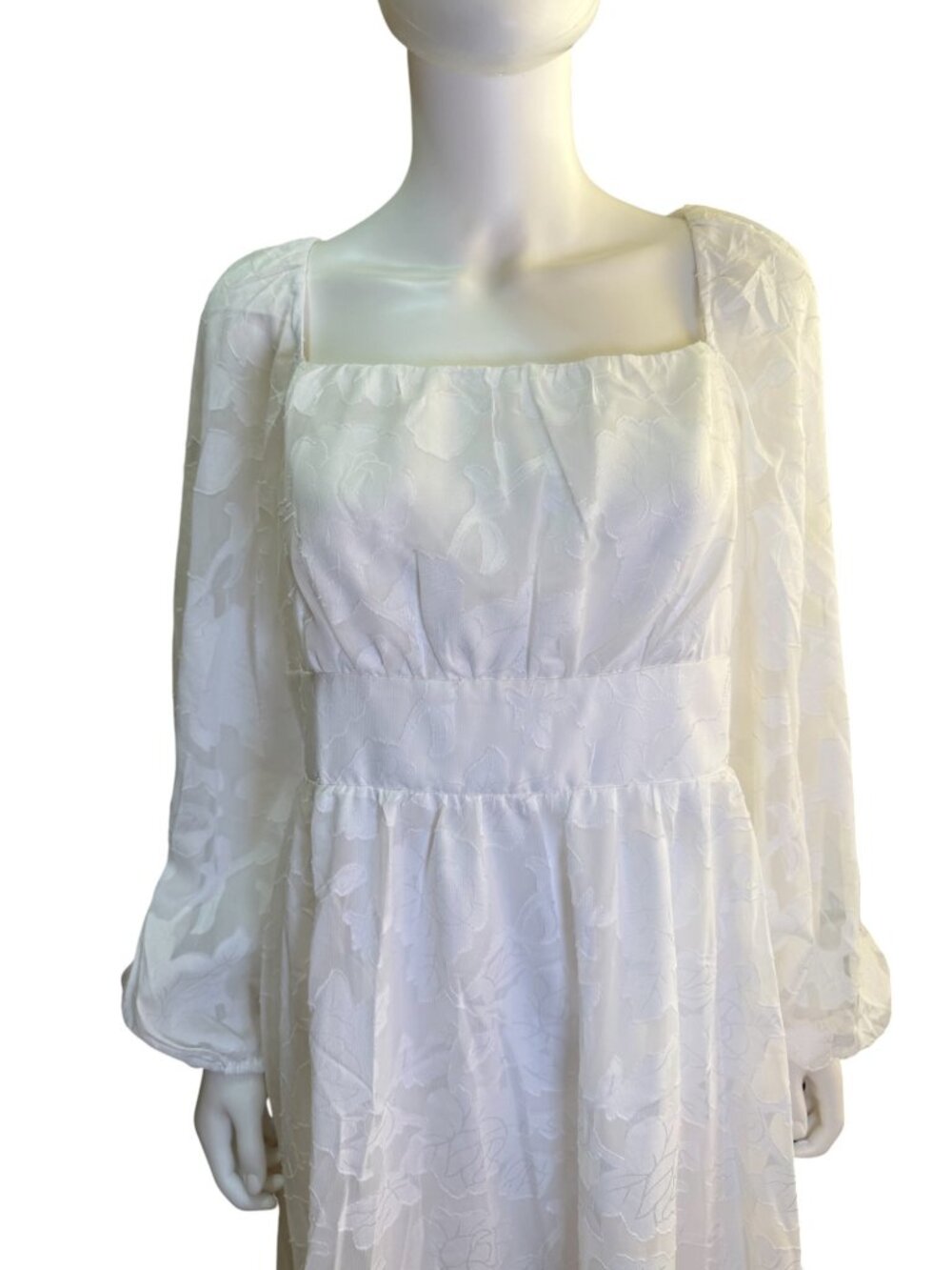 JJS House Floral Jacquard Square Neck Long Sleeve Midi White Bridal Dress XXL - Picture 3 of 7